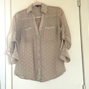 Sheer vanilla color, off white polka dot, professional or flirty button down